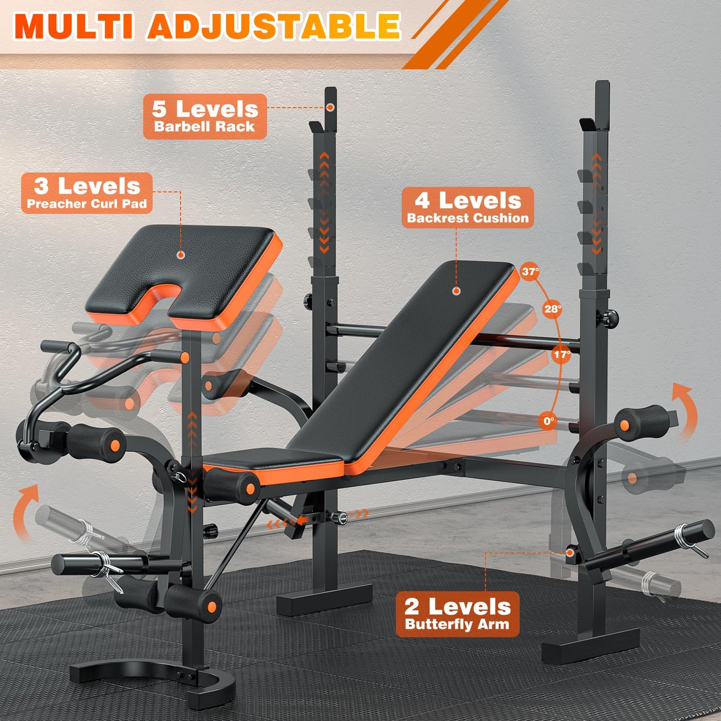 XDDIAS 6-in-1 Olympic Weight Bench, 770LBS Adjustable Workout Bench Press Set with Rack, Leg Extension, and Preacher Pad – Flat/Incline Bench for Home Gym Strength Training
