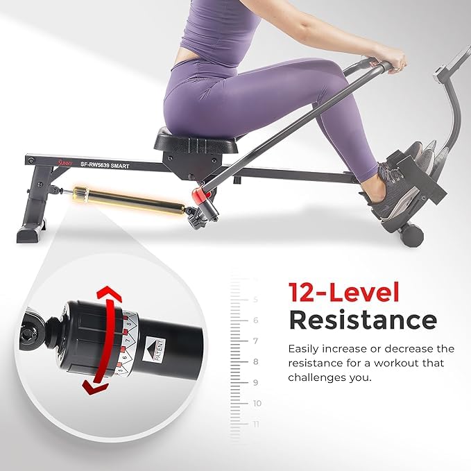 **Sunny Health & Fitness Compact Full-Motion Rowing Machine – Adjustable Resistance Rower for Low-Impact Full-Body Workouts, Long Slide Rail, Space-Saving Foldable Design, Compatible with SunnyFit App**