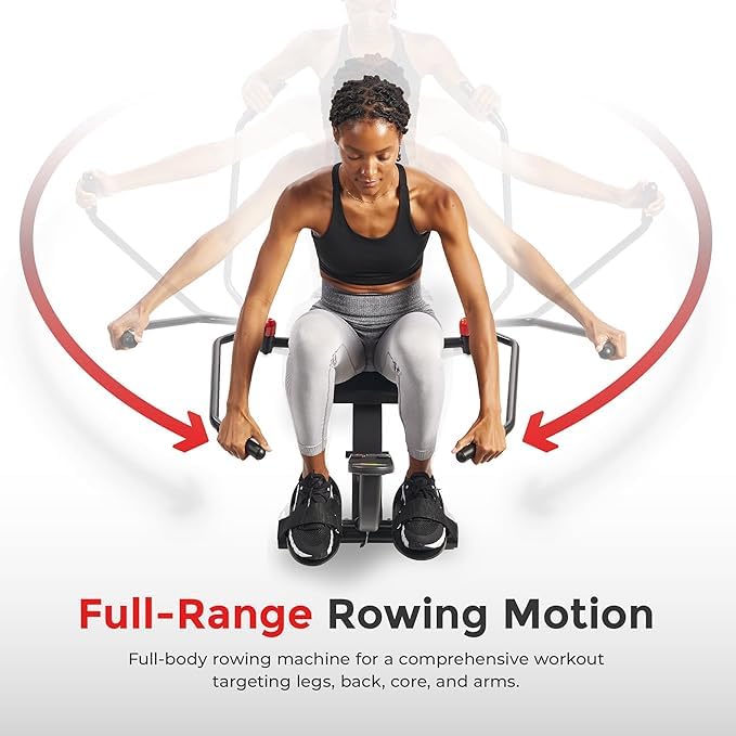 **Sunny Health & Fitness Compact Full-Motion Rowing Machine – Adjustable Resistance Rower for Low-Impact Full-Body Workouts, Long Slide Rail, Space-Saving Foldable Design, Compatible with SunnyFit App**