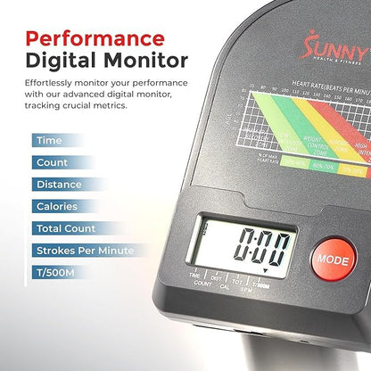 **Sunny Health & Fitness Compact Full-Motion Rowing Machine – Adjustable Resistance Rower for Low-Impact Full-Body Workouts, Long Slide Rail, Space-Saving Foldable Design, Compatible with SunnyFit App**