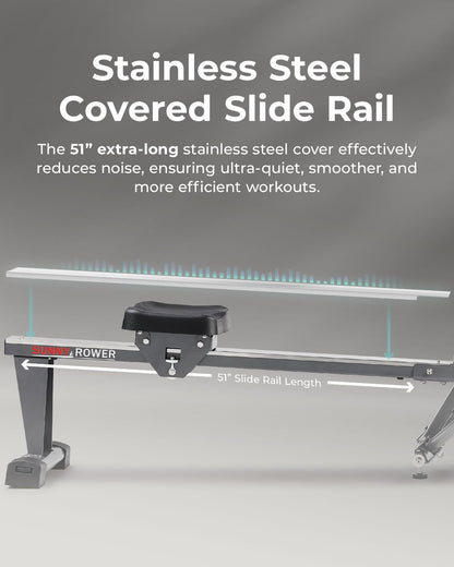 **Sunny Health & Fitness Compact Full-Motion Rowing Machine – Adjustable Resistance Rower for Low-Impact Full-Body Workouts, Long Slide Rail, Space-Saving Design, Compatible with Free SunnyFit App**