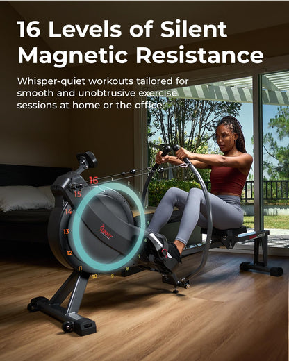 **Sunny Health & Fitness Compact Full-Motion Rowing Machine – Adjustable Resistance Rower for Low-Impact Full-Body Workouts, Long Slide Rail, Space-Saving Design, Compatible with Free SunnyFit App**