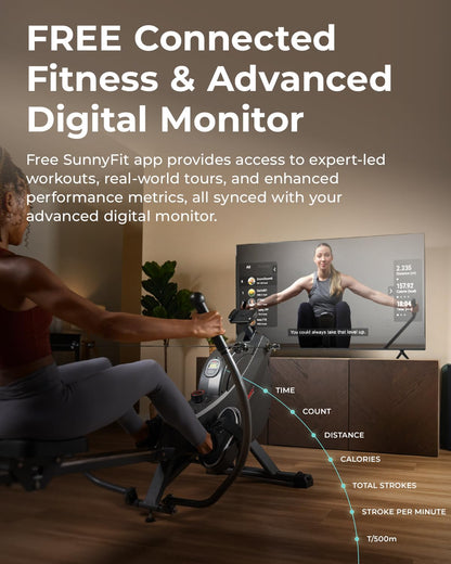 **Sunny Health & Fitness Compact Full-Motion Rowing Machine – Adjustable Resistance Rower for Low-Impact Full-Body Workouts, Long Slide Rail, Space-Saving Design, Compatible with Free SunnyFit App**
