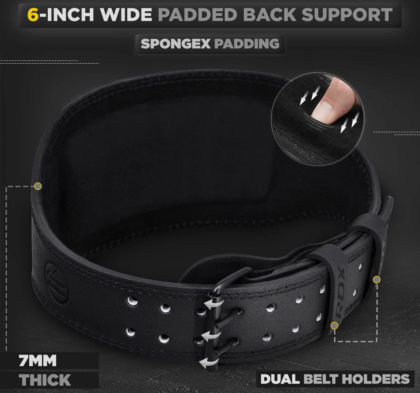 Leather Weight Lifting Belt for Men and Women, 4"–6" Padded Lumbar Support with 10 Adjustable Holes for Weightlifting, Deadlifts, Squats, and Strength Training