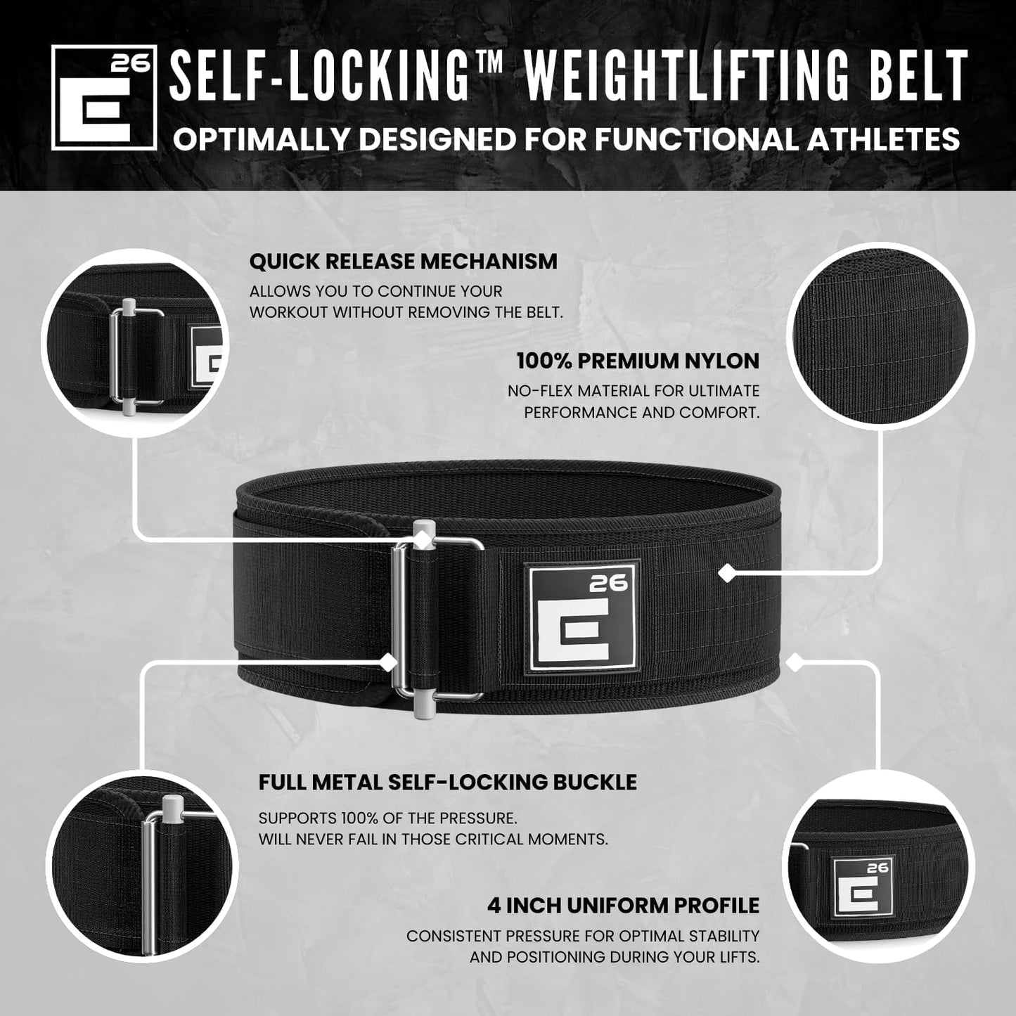 Self-Locking Weight Lifting Belt, Premium Support Belt for Functional Fitness, Olympic Lifting, Deadlifts, Men and Women