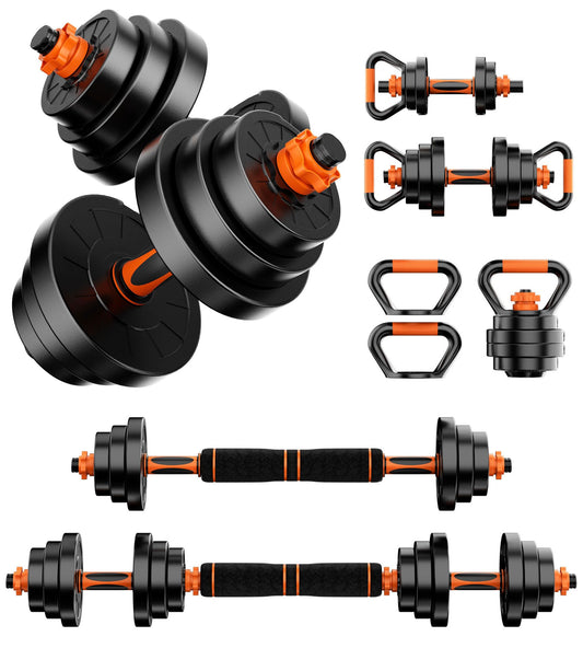 Adjustable 4-in-1 Dumbbell Set 20/50/70/90 lbs, Converts to Barbell, Kettlebell and Push-Up Stand for Home Gym Workouts