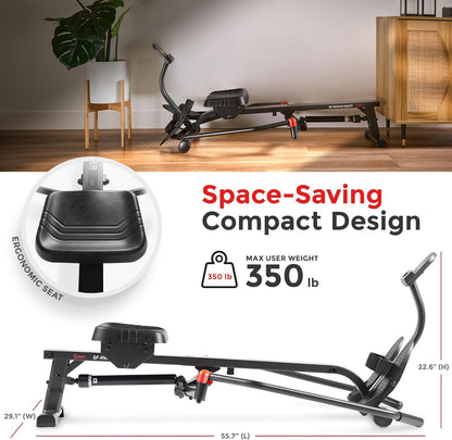 **Sunny Health & Fitness Compact Full-Motion Rowing Machine – Adjustable Resistance Rower for Low-Impact Full-Body Workouts, Long Slide Rail, Space-Saving Foldable Design, Compatible with SunnyFit App**