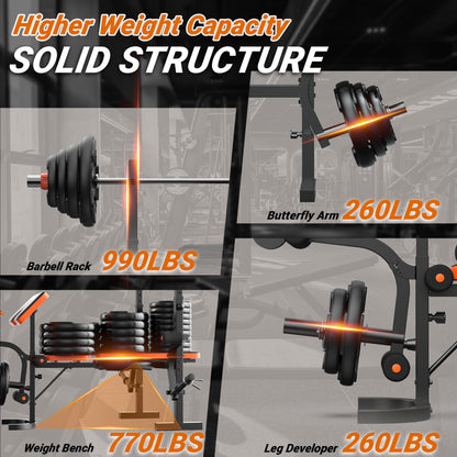 XDDIAS 6-in-1 Olympic Weight Bench Set, 770LBS Adjustable Workout Bench with Rack, Leg Extension & Preacher Pad – Flat/Incline Bench Press for Home Gym Strength Training