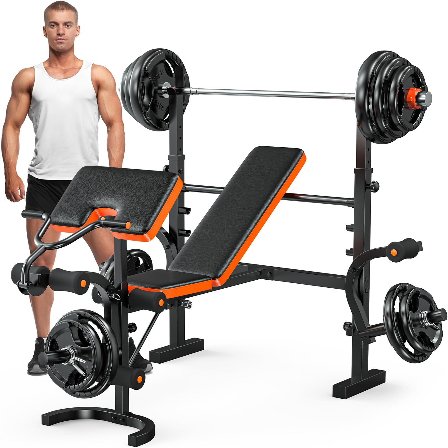XDDIAS 6-in-1 Olympic Weight Bench Set, 770LBS Adjustable Workout Bench with Rack, Leg Extension & Preacher Pad – Flat/Incline Bench Press for Home Gym Strength Training