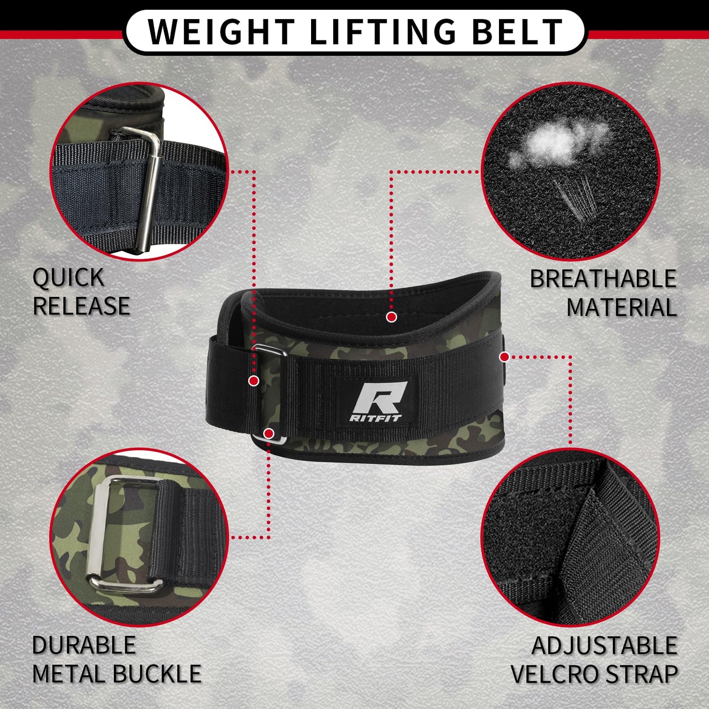 Weight Lifting Belt for Men and Women, 6-Inch Black/Camouflage Belt for Squats, Lunges, Deadlifts, and Thrusters