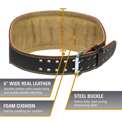 Padded Leather Weightlifting Belt, 4" or 6" Wide, Suede Lining & Foam Cushioning, Heavy-Duty Dual Prong Steel Buckle for Lifting Support